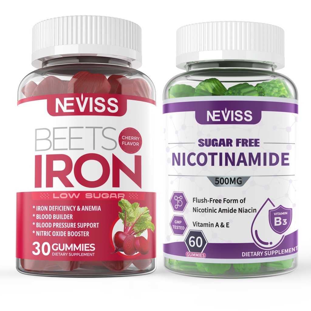 NEVISS Vegan suplement żelaza, Gentl Żelazo + Cukier Wolna Nikotynamid 500mg Gumiaki