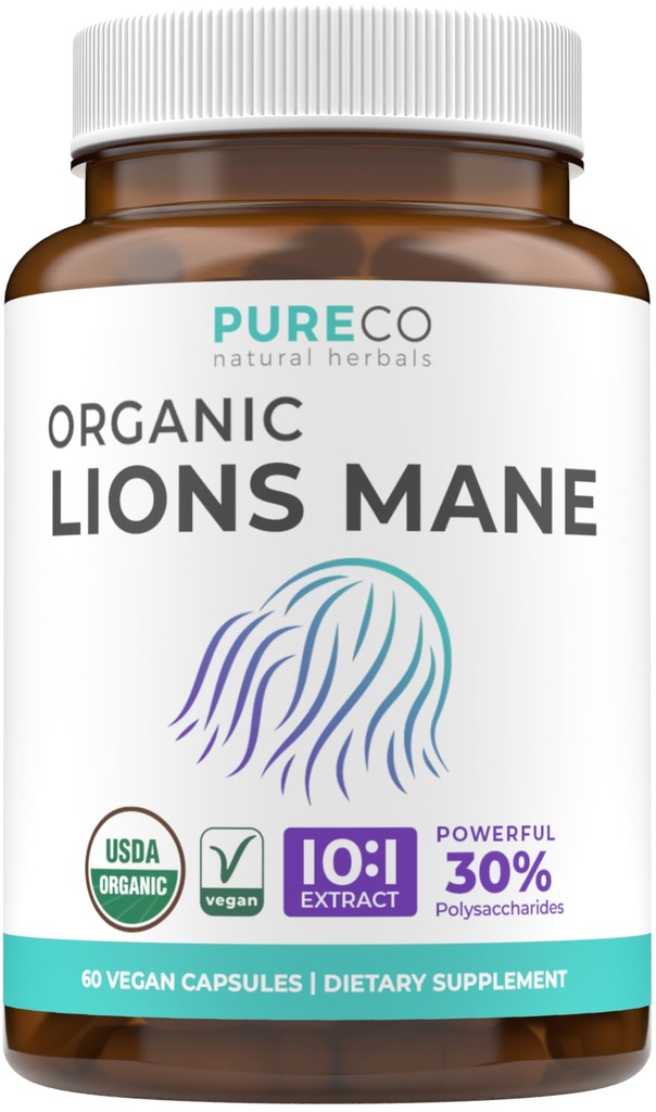 Kapsułki Organic Lions Mane Supplement - USDA Organic Mushroom Supplement Kapsułki z 1000mg Lwie 's Mane 10: 1 Wyciąg na serwowanie z 30% Polisacharydów - Vegan & Non-GMO (1 Miesiąc dostaw)