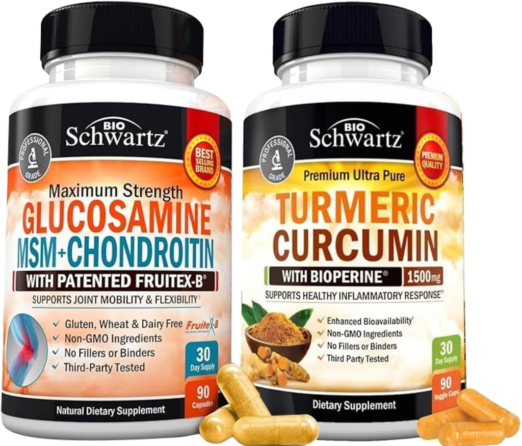 Kurkumina Turmerowa BioSchwartz z ekstraktem Black Pepper 1500mg Complex (1 Miesiąc Dostawy) Plus Glukozamina Chondroitin MSM Triple Strength Joint Support Support Supplement (1 Miesiąc Dostawy)