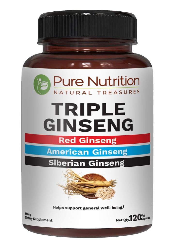 Pure Nutrition Triple Ginseng 650mg < 124; 120 Caps ≤ 124; Complex for Men and Women = 124; Highly Effective Combination of Red, American and Siberian Ginseng. Nie GMO