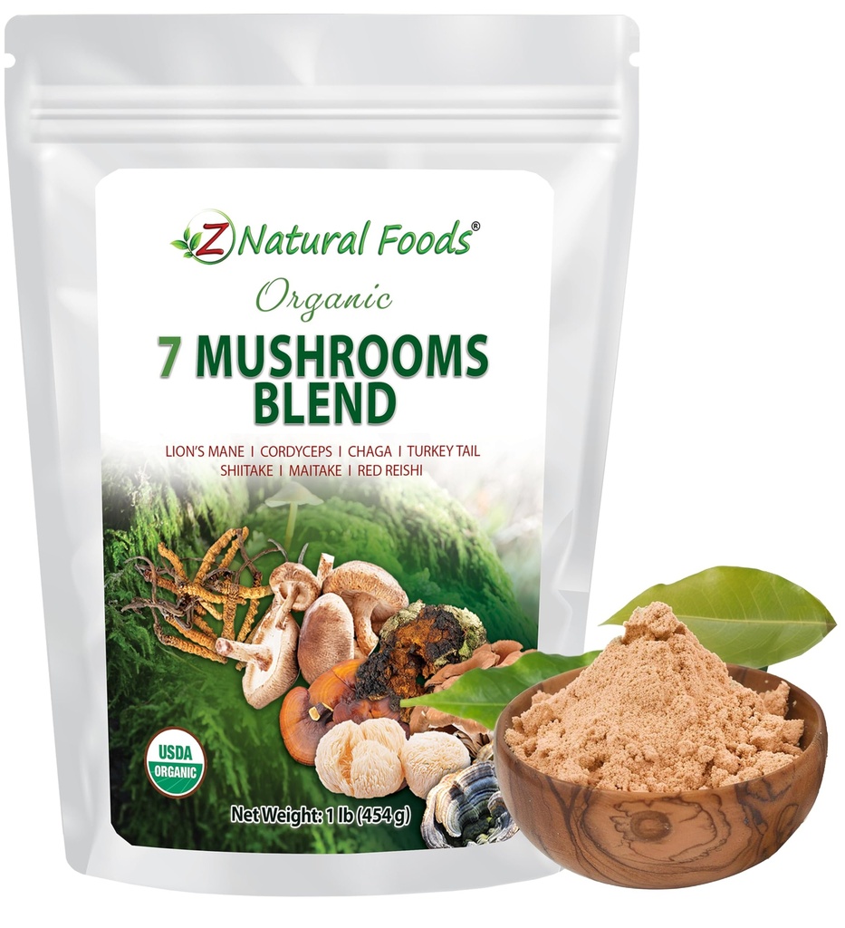Z Natural Foods Organic 7 Sacred Mushrooms Blend - Mushroom Powder for Immune Health - Lew 's Mane, Cordyceps, Chaga, Red Reishi, Shiitake, Maitake & Turcja Tail Extract for Coffee, Smoothies, 1 lb