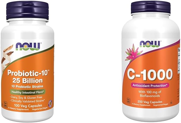 Teraz suplementy, Probiotic- 10 ™, 25 Miliard, z 10 Probiotic Strains, Dairy, Soy i gluten Free & Supplements, Witamina C- 1000 ze 100 mg bioflawonoidów, Ochrona przeciwutleniaczy *, 250 Kapsułki