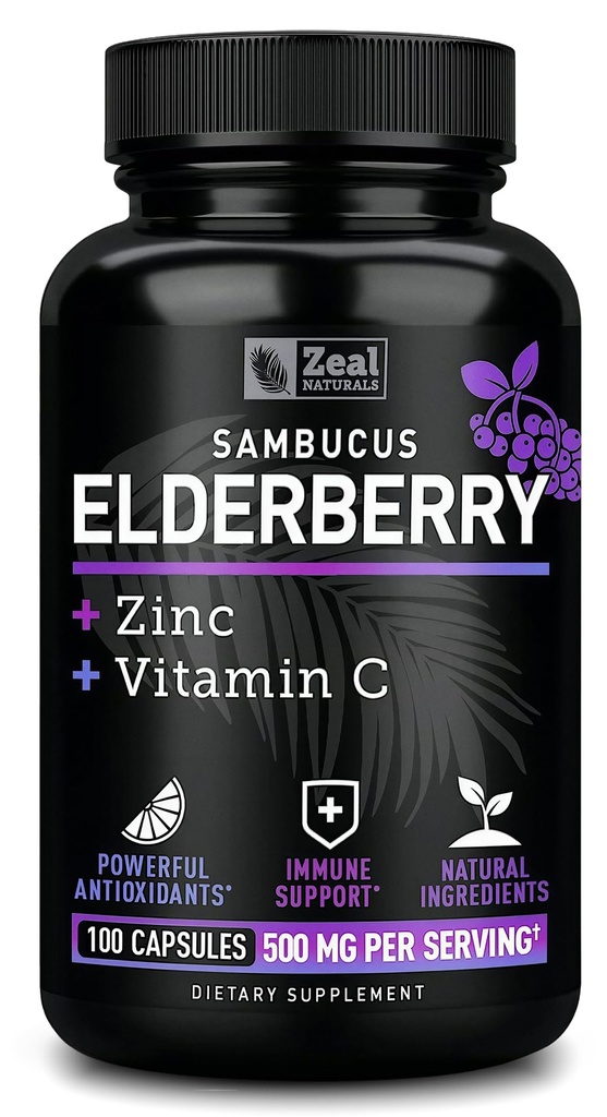 Zeal Naturals Max Siła Elderberry Kapsułki + Cynk + Witamina C 124; 500mg dla wsparcia układu immunologicznego z Black Sambucus Elderberry 124; 100 Hrabia 124; 3in-1 Wsparcie immunologiczne dla dorosłych