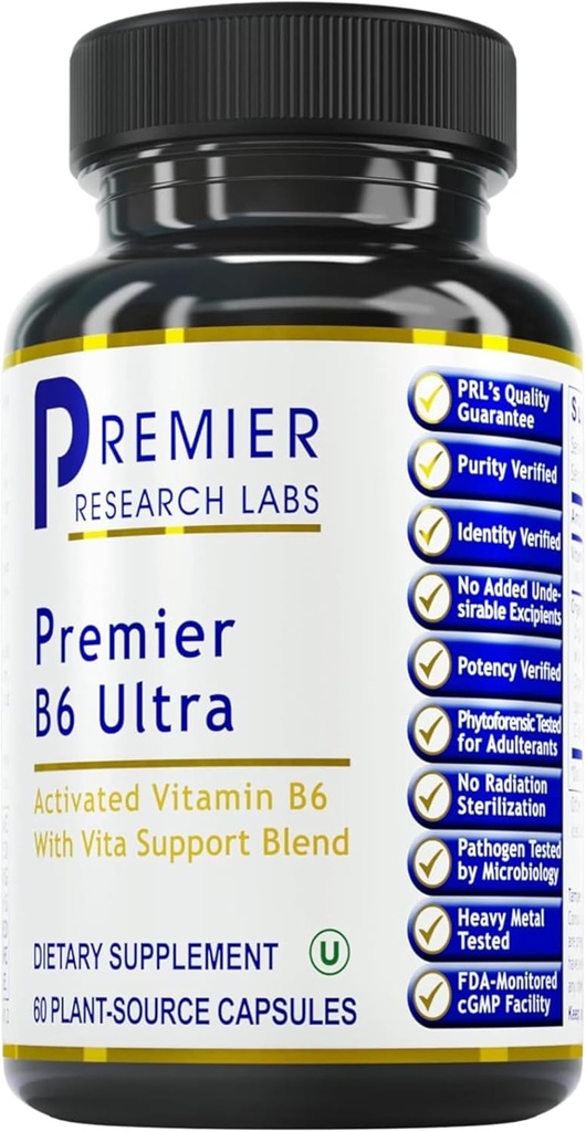 Premier Research Labs Premier B6 Ultra- P5P Witamina B6, Pyridoxal 5 Fosfat B6 Witaminy Suplement, 50mg B6 Per kapsułki, Aktywna forma dla metabolizmu energii, & Funkcja mózgu - 60 Kapsułki wegetariańskie