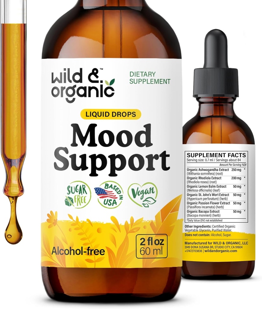 Wild & Organic Mood Support Drops - Good Mood Supplements w / Ashwagandha Root & Rhodiola Rosea - Naturalne płynne krople dla pozytywnej energii - Suplementy dla Kobiet i Mężczyzn - 2 oz