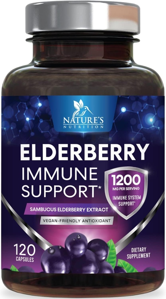 Elderberry Immune Support 1200mg - Codzienne Immune Support dla dorosłych z koncentratem Sambucus Black Elderberry Extract - Antyoksydacyjny suplement witaminy, Gluten Free, Butelki w USA - 120 Kapsułek