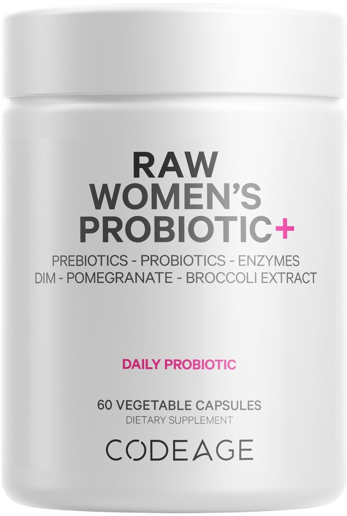 Codeage Surowiec Women 's Probiotic + Supplement - 34 Probiotic Strains, 100 Billion CFU, Digestive Enzymes, Prebiotic Blend, DIM, Herbal Extracts, Phytonutrients - Non-GMO - 30 kapsułki