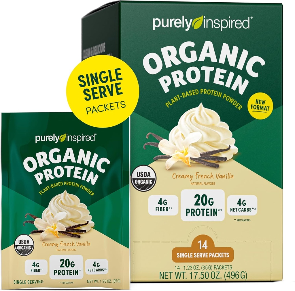 Proch do protein organicznych, 14 jednorazowych zestawów do podawania, Creamy Vanilla - 20 g proszku z proteiny na bazie plantacji dla koktajli i shakes - Darmowy, niemodyfikowany genetycznie - dla mężczyzn i kobiet
