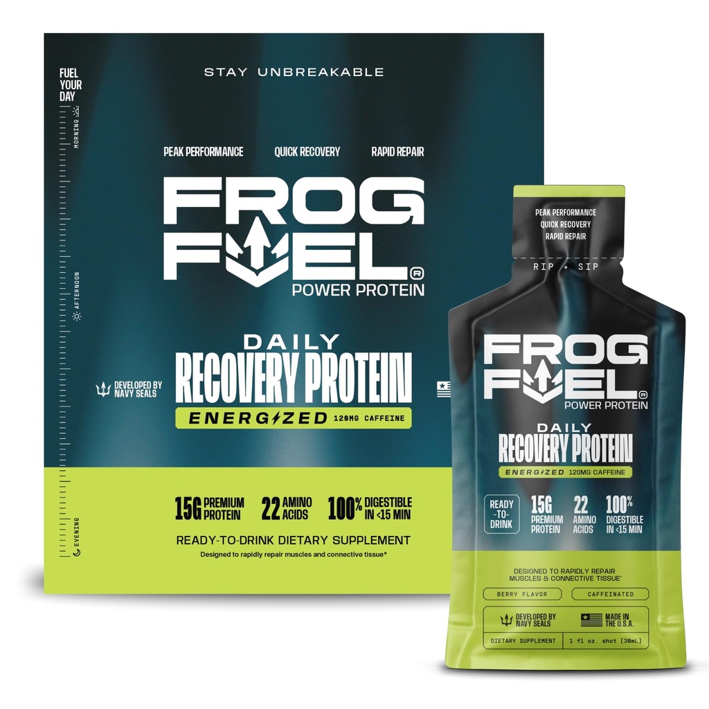 Żaba Fuel Power Energized Protein Shot, 15 g Protein Nano- Hydrolizowane trawa pakowana Kolagen, 120 mg kofeiny, tłuszczu i cukru wolne, 22 Amino Acids, 0 Węglowodany, Berry, 1 oz Pakiety, 24 Pack