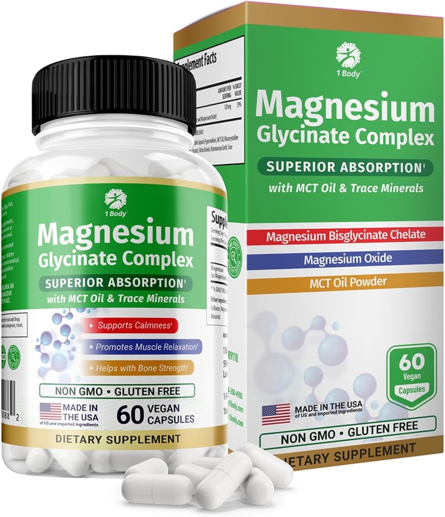 1 Body Magnezu Glycinate Complex, Wysoka Absorpcja Magnezu Suplement dla uspokojenia, Relaks mięśniowy i wsparcia zdrowia kości, Wegan z MCT oleju i śladowe minerały, Non-GMO, 60 Kapsułki