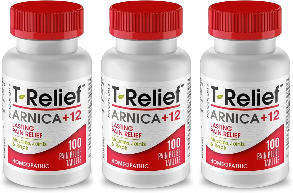 T- Relief Arnica + 12 Natural Relieving Actives for Back Pain Joint Soolness Muscle Aches & Stiffness, Whole Body Fast Assing Relief for Women & Men - 100 Tablets (3 Pack)