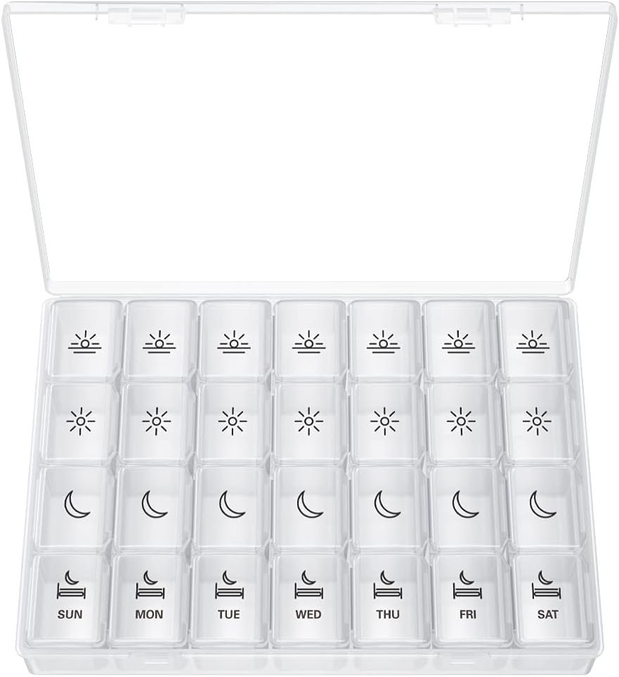 XL Pill Organizator 4 razy dziennie, BUG HULL Extra duży Weekly Pill Case Pudełko, 7 Dzień Pojemnik na witaminy Daily Pill Holder do oleju Cod- Wątroba, Witaminy, Suplementy (biały)