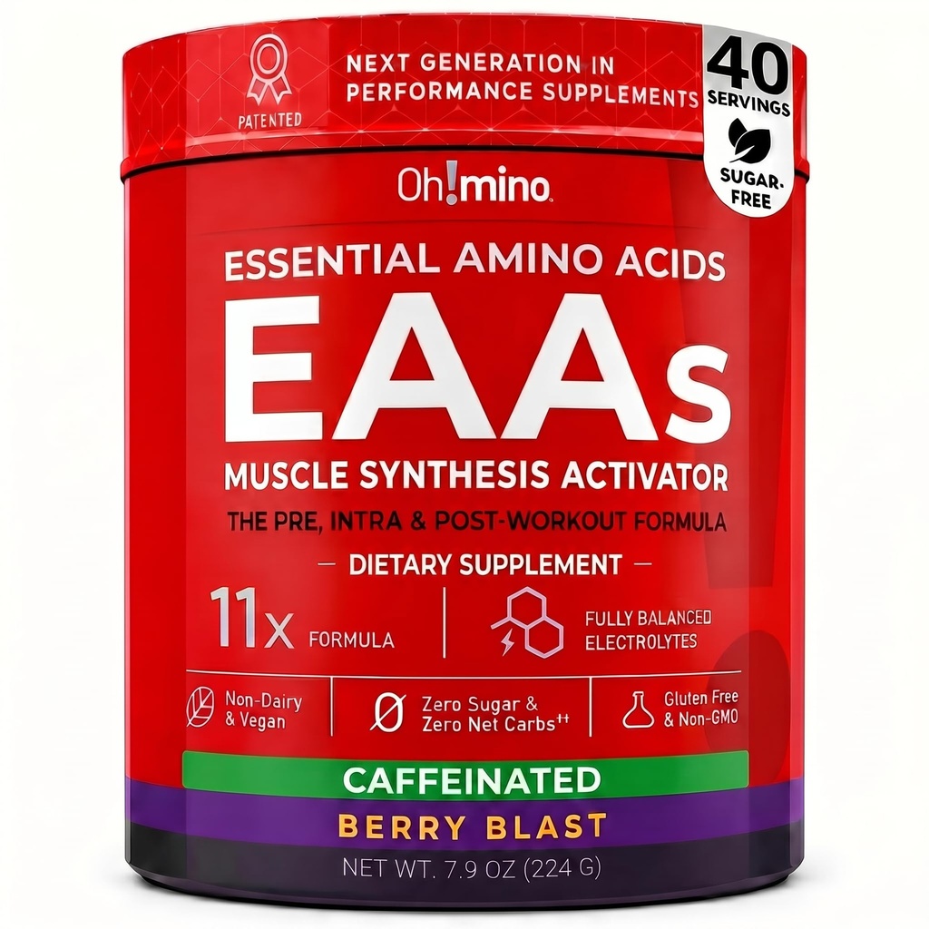 Mino Essential Amino Acids Supplement. Berry Blast, proszek z kofeiną. Wszystkie 9 EAA, BCAA i The Perfect Amino na treningi, Amino Energy, i budować mięśnie i odzyskać szybciej.