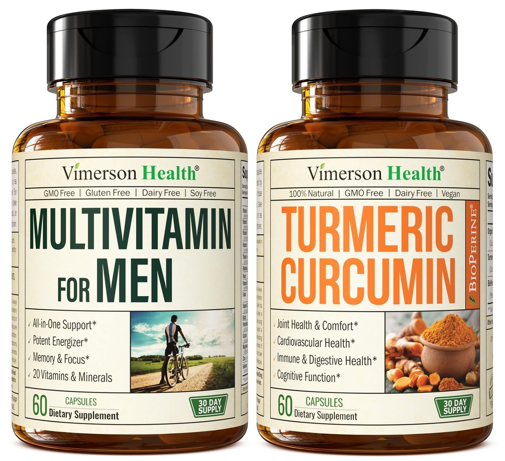 Vimerson Health Men 's Multivitamine + kurkumina kurkuminowa z ekstraktem Black Pepper Bundle. Wspólne i immunologiczne Wsparcie, Discomfort Relief, Właściwości przeciwutleniacze dla niego