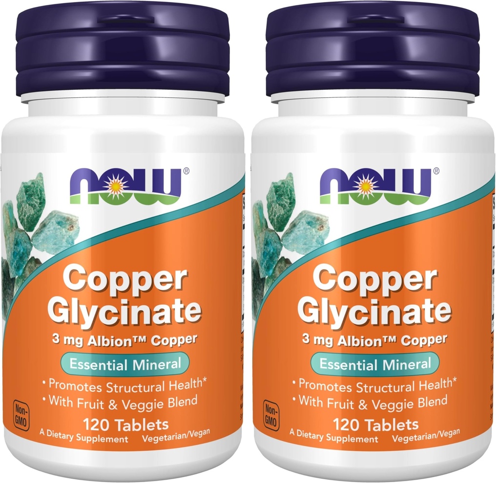 Teraz suplementy, Glicynian miedzi z 3 mg Albion Copper, Promotes Structural Health *, 120 Tabletki, Light Gray, Tan (Opakowanie 2)