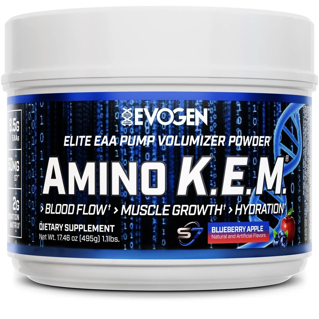 Evogen Amino K.E.M. - EAA & BCAA Pompa proszkowa Glumizer 124; BCAAs Acids Supplement for Blood Flow, Muscle Growth, & Hydration Aglomeracja 124; Blueberry Apple