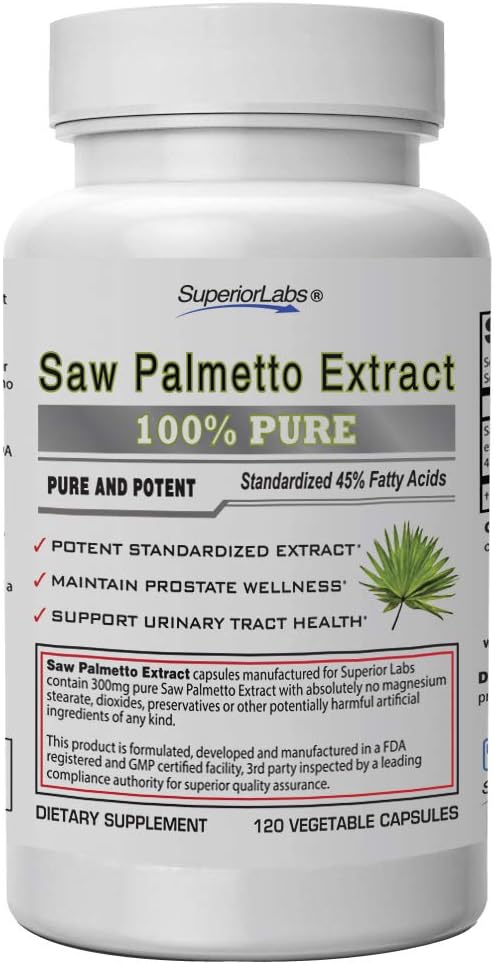 Superior Labs - Saw Palmetto Extract NonGMO, Non Syntetic - 300 mg Dawkowanie, 120 Kapsułki roślinne - Wspiera przepływ trakcji moczu & Częstotliwość