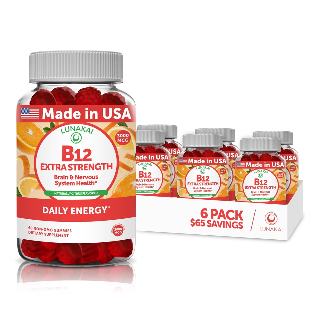 Witamina B12 Gummeje dla dorosłych - Najsmaczniejsza receptura - 3000mcg metyl B- 12 Gummeje o wysokiej absorpcji energii - Nie-GMO Vegan Vit B12 - Chewable B 12 for Energy Support and Bone Health - 6 Pack