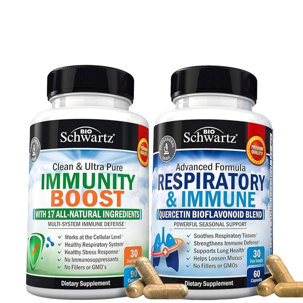 Bioschwartz oddechowy i immunologiczny Supplement Lung Supplement z Quercetin (1 miesiąc dostaw) Plus 17 w 1 immunologiczny Suplement wsparcia z przeciwutleniaczami (1 miesiąc dostaw)