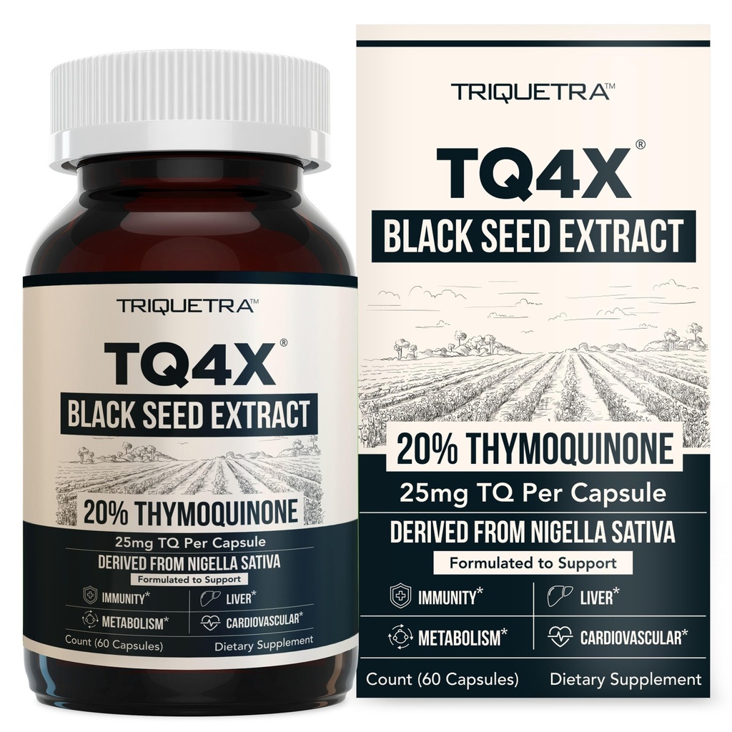 20% Thymoquinone Black Seed Oil Extract Kapsułki - TQ- Advanced 4X ®: Pothent Thymoquinone Concentration Available - 60: 1 Koncentrat z Nigella Sativa, postać surowa, Wegan, Butelka szklana (60 Kapsułek)