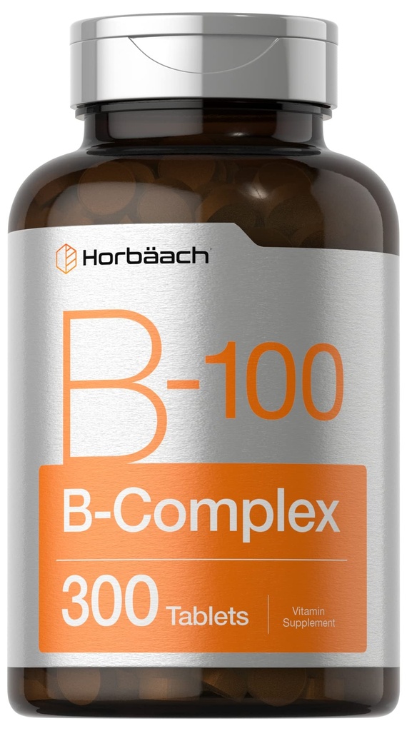 Horbäach Witamina B- 100 Kompleks 124; 100% wartości dobowej 124; 300 Tabletki 124; Wegetariański, Non-GMO i Gluten Free Supplement