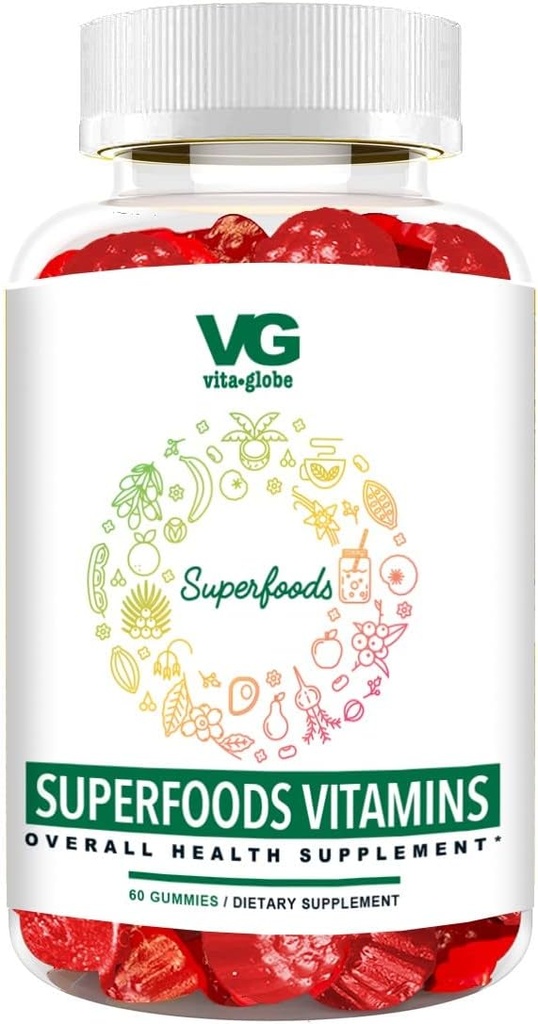 VITA GLOBE Superfood Gummy Vitamin - Immune Health & Antioksydant Support - Daily Wellness Gummies dla dorosłych i dzieci - Wegan, Non-GMO, Gluten Free Superfood Supplement - 60 Count