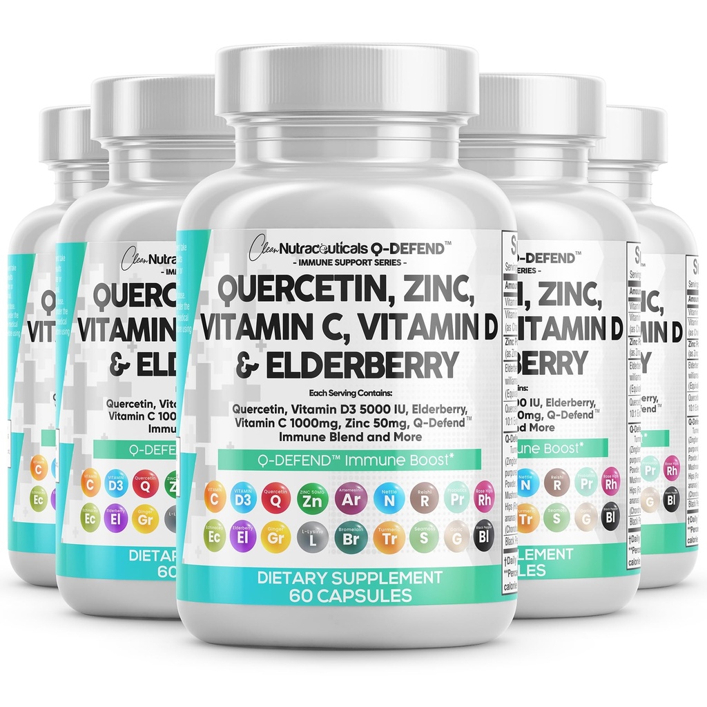 Czyste Nutraceuticals Quercetin Cynk Witamina C Witamina D Bromelain Elderberry - Płuc Immune Supplement Assistance Dorośli z Artemisinin, Sea Moss, Echinacea, Ulga alergiczna (60 Hrabia (5 sztuk))
