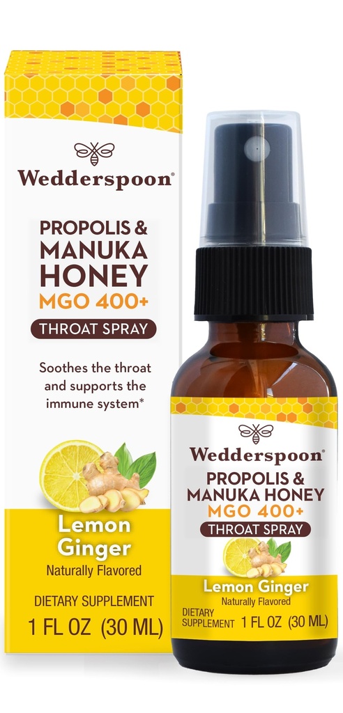 Wedderspoon Propolis i Manuka Honey Throat Spray, Lemon & Ginger, 1 Fl Oz (Pack of 1), Sore Throat Relief, Naturalne wsparcie immunologiczne