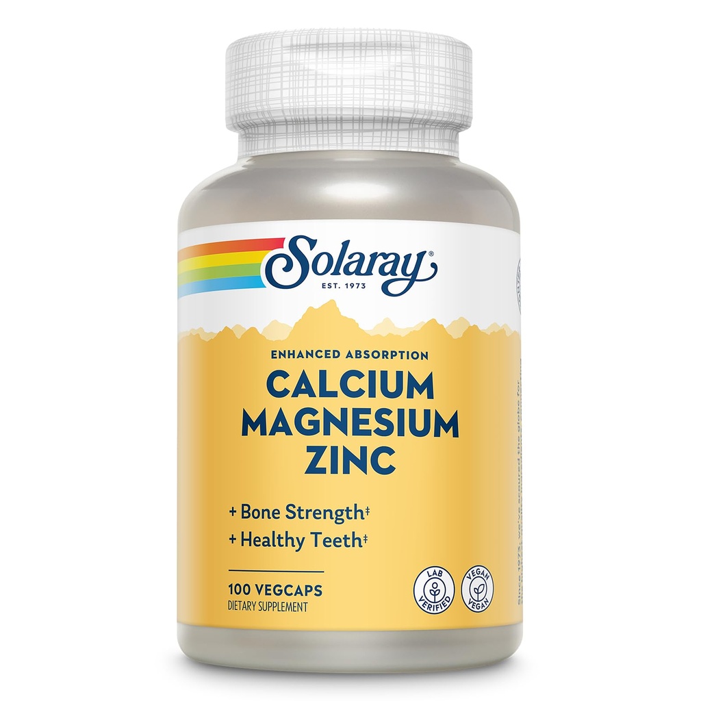 SOLARAY Wapnia Magnezu Cynk Suplement - z wapniem 1000mg, Magnezu 500mg - Bone Health, Funkcje mięśni, Heart Health and Immune Support - Wegan, 60 dzień Gwarancja, 25 Służenie, 100 VegCaps