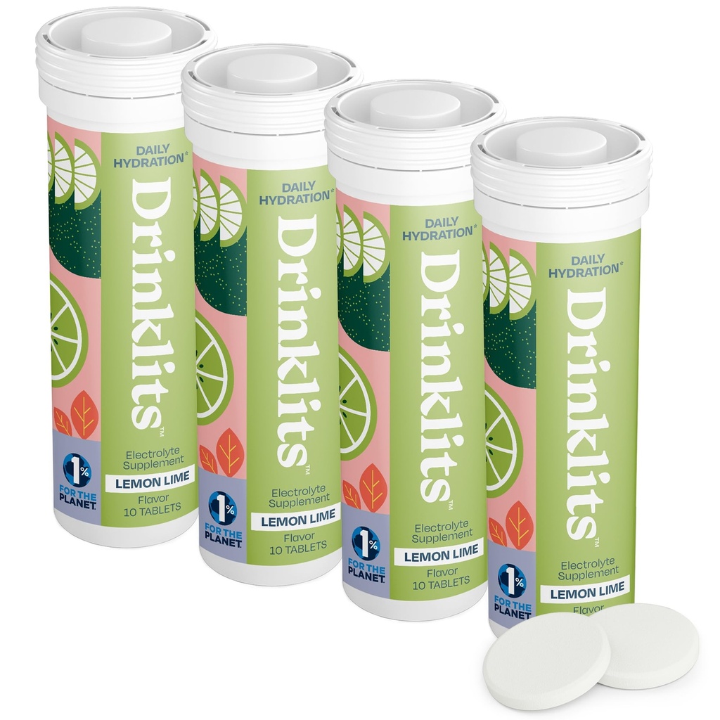 Drinklits Lemon- Lime Daily Electrolyte Hydration Tablets (4) Korek rurowy 124; Natural Sports Drink - 0g Sugar - Excellent Flavor 124; 40 Servings - 10 Tablets per Tube