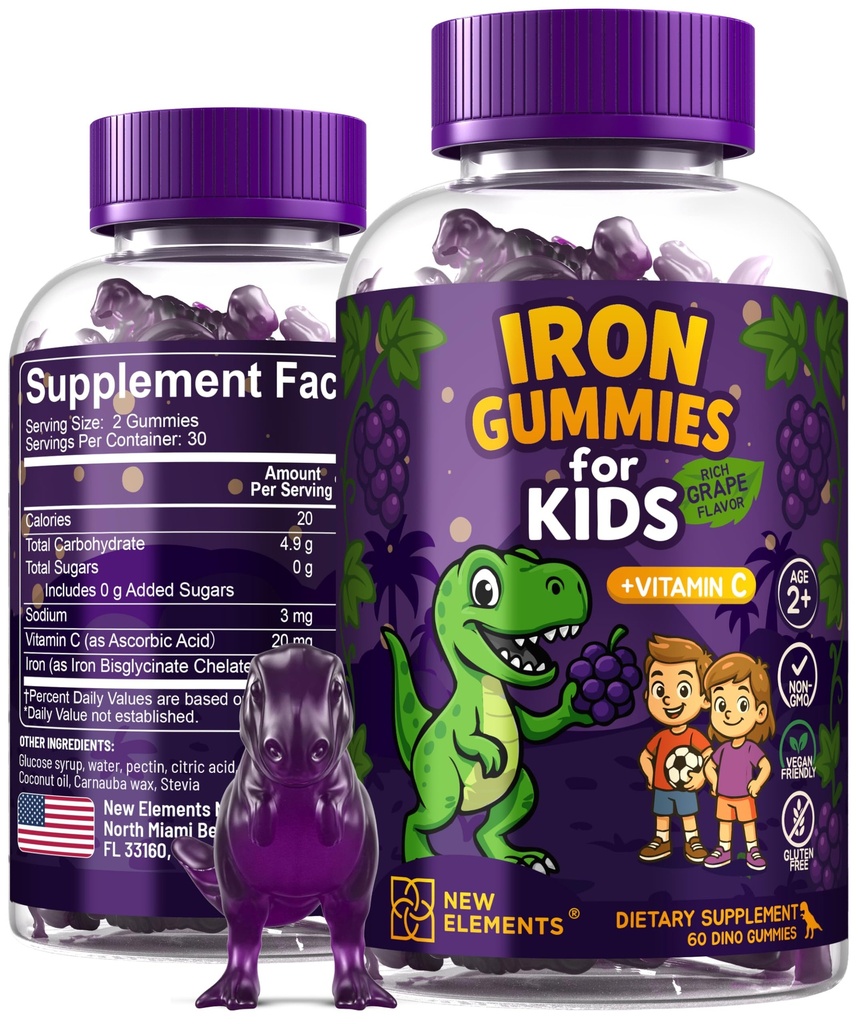 Żelazo Dinozaur Gumiaki dla dzieci z witaminą C 124; Bez cukru, Wegan, Bez glutenu i nieNon-GMO Gummies 124; Anemia Relief, Energia & Krew Wsparcie zdrowia 124; Flavor winogronowy, Pectin- Based for Optimal Health