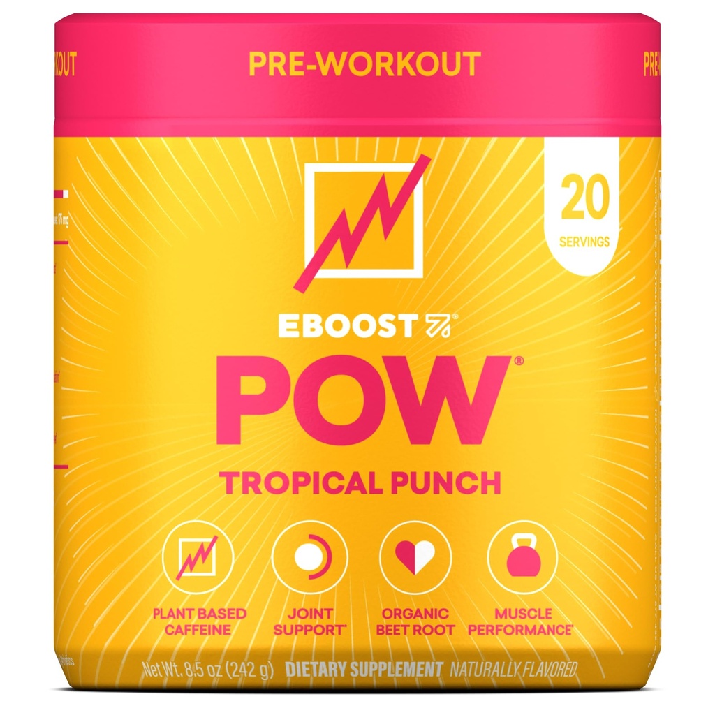 EBOOST POW Natural Pre Workout Powder - 20 Słupki - Tropikalny Punch - A PreWorkout Supplement for Performance, Joint Mobility Support, Energy, Focus - Men & Women - Non-GMO, Gluten- Free, No Creatine
