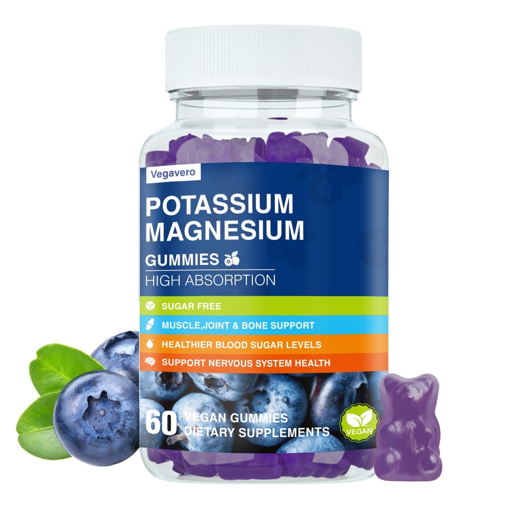 Magnezu Suplement potasu Gummie - Wysoka Absorpcja Spokojny Magnezu Glicynian i Cytrynian potasu Plus Koenzym Q10, DHA, D3, Mineral & Wapnia dla Zzz, Kurcze nóg i Mięśnie - 60 Gummie z jagodami