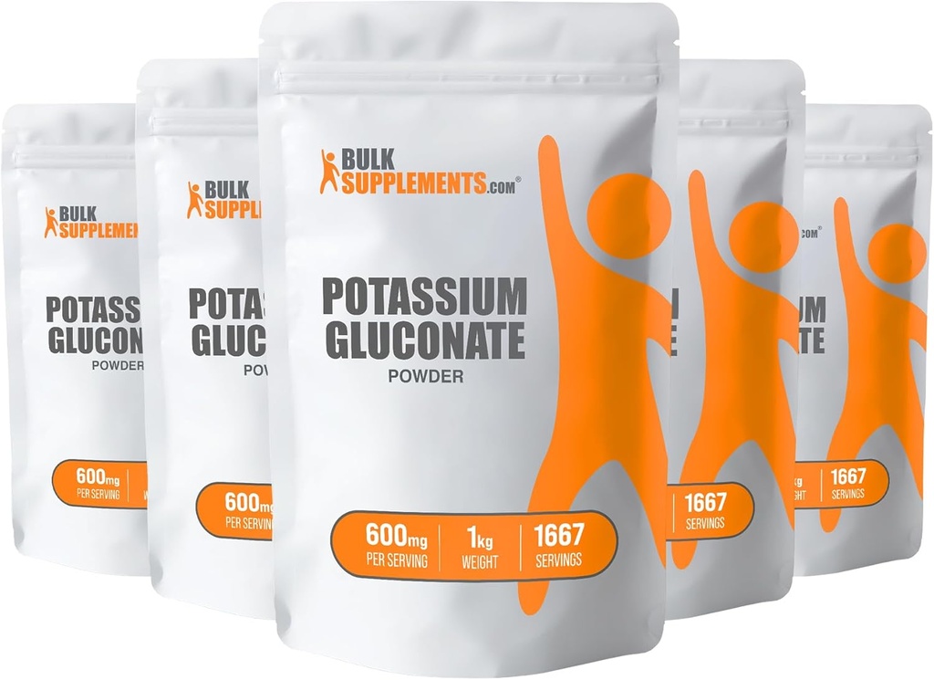 BulkSupplements.com Proszek Glukonianu potasu - Suplement potasu, Suplement mineralny - Bez glutenu, 600mg na jedną porcję, 5kg (11 funtów) (opakowanie po 5 sztuk)