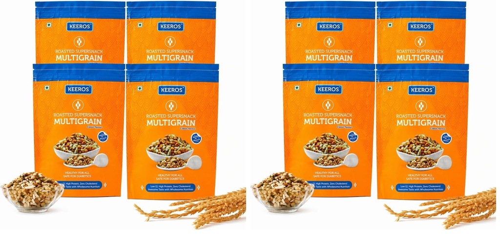 Keeros Multigrain Healthy & Diabetic Friendly Roasted Snacks | Low GI, Crispy, Tasty & Lightly Salted Mix of Pearl Millets & 5 supergrains | Diet Namkeen & Snacks for Weight Loss | Pack of 8x400g