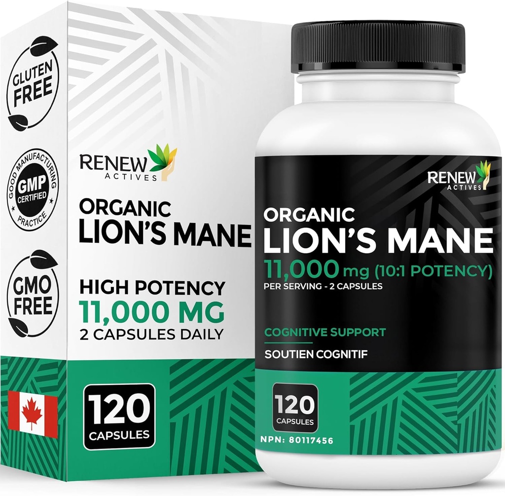 Renew Actives Premium Organic Lion 's Mane Mushroom 1100MG na 2 Kapsułki - Wspomaga funkcje mózgu, Pamięć, Focus, Stress Relief & Immune Health, Non-GMO, Wegan - Made in Canada - 120 Kapsułki