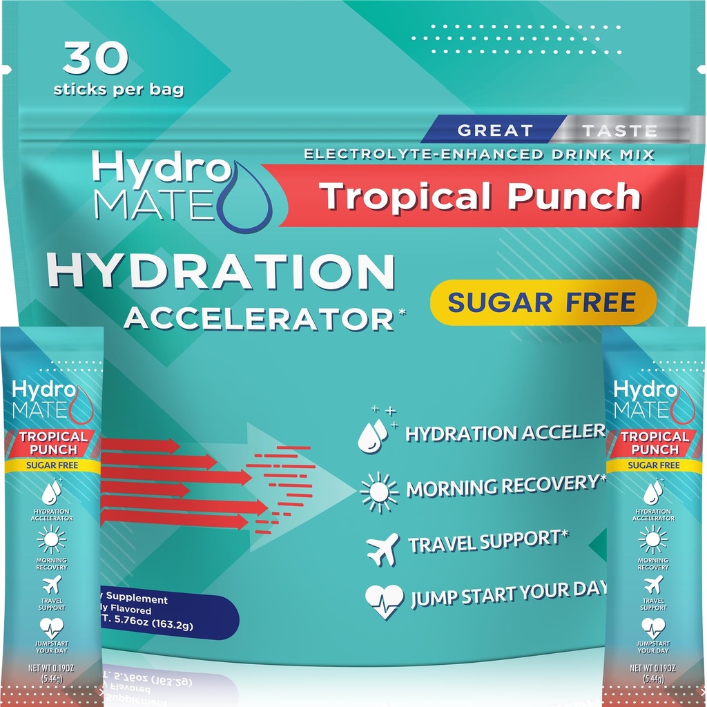 Elektrolity w proszku Wolne od cukru Pakiety nawadniania Tropical Punch HydroMATE 30 Sticks