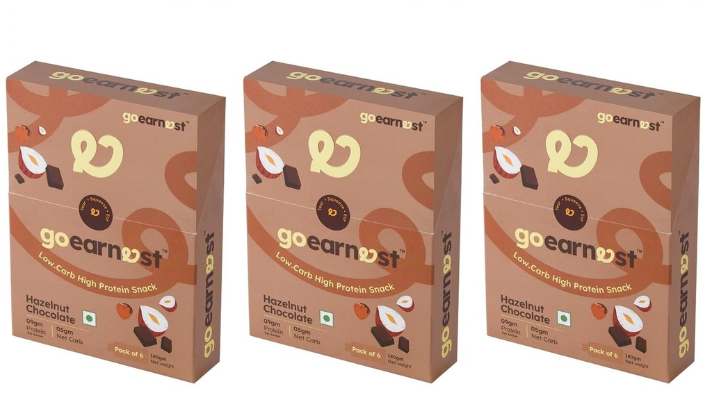 Goearnest Hazelnut Chocolate Low Carb, High Protein Snack | 9g Protein, 5g Net Carbs | No Added Sugar, High Fibre, Gluten Free | 30g,Pack of 3