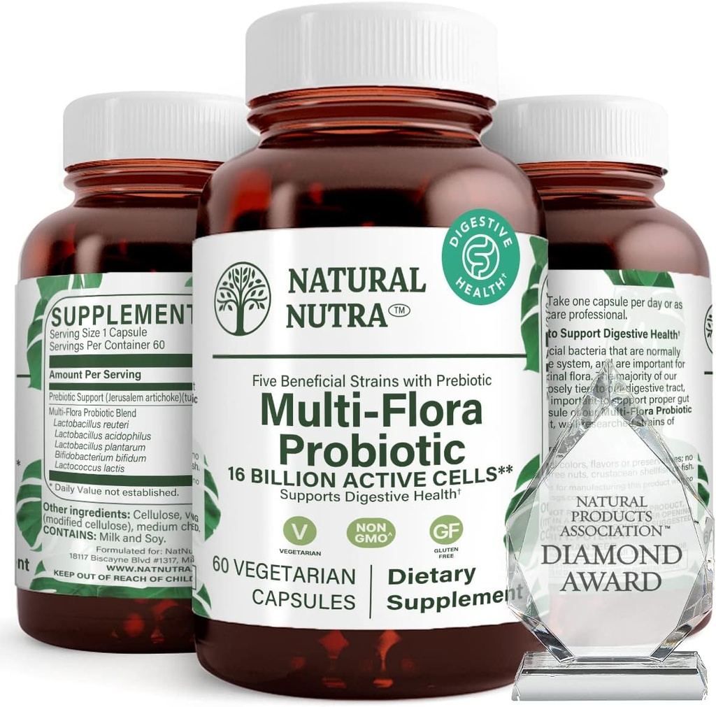 Natural Nutra Ultimate Flora Probiotic dla kobiet i mężczyzn, Pomaga poprawić trawienie, przyczynia się do ogólnego zdrowia, Promotes Immune System, Wielokropek z Lactobacillus, Acidophilus, 60 Kapsułki