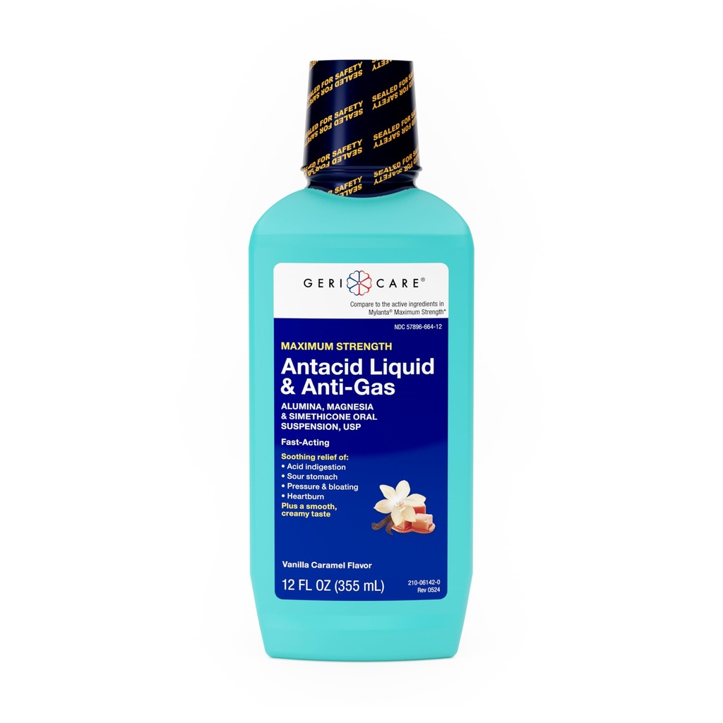 GeriCare Antacid Liquid & Anti- Gas Relief, Maksymalna moc dla Heartburn, Acid Reflum, Sour Stomach, Ciśnienie & Bloating, Niestrawność kwasowa, & Gaz, Wanilia Karmel Flavor, 12 fl oz.