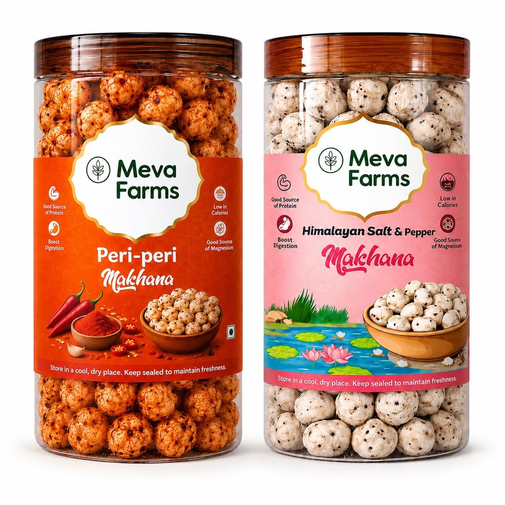 Meva Farms Peri Peri Roasted Makhana 70g & Himalayan Salt & Pepper Roasted Makhana 70g (140g) | Combo Pack | Healthy Snack | High Protein, Low Calorie | Gluten Free | Roasted Lotus Seeds | No Palm Oil