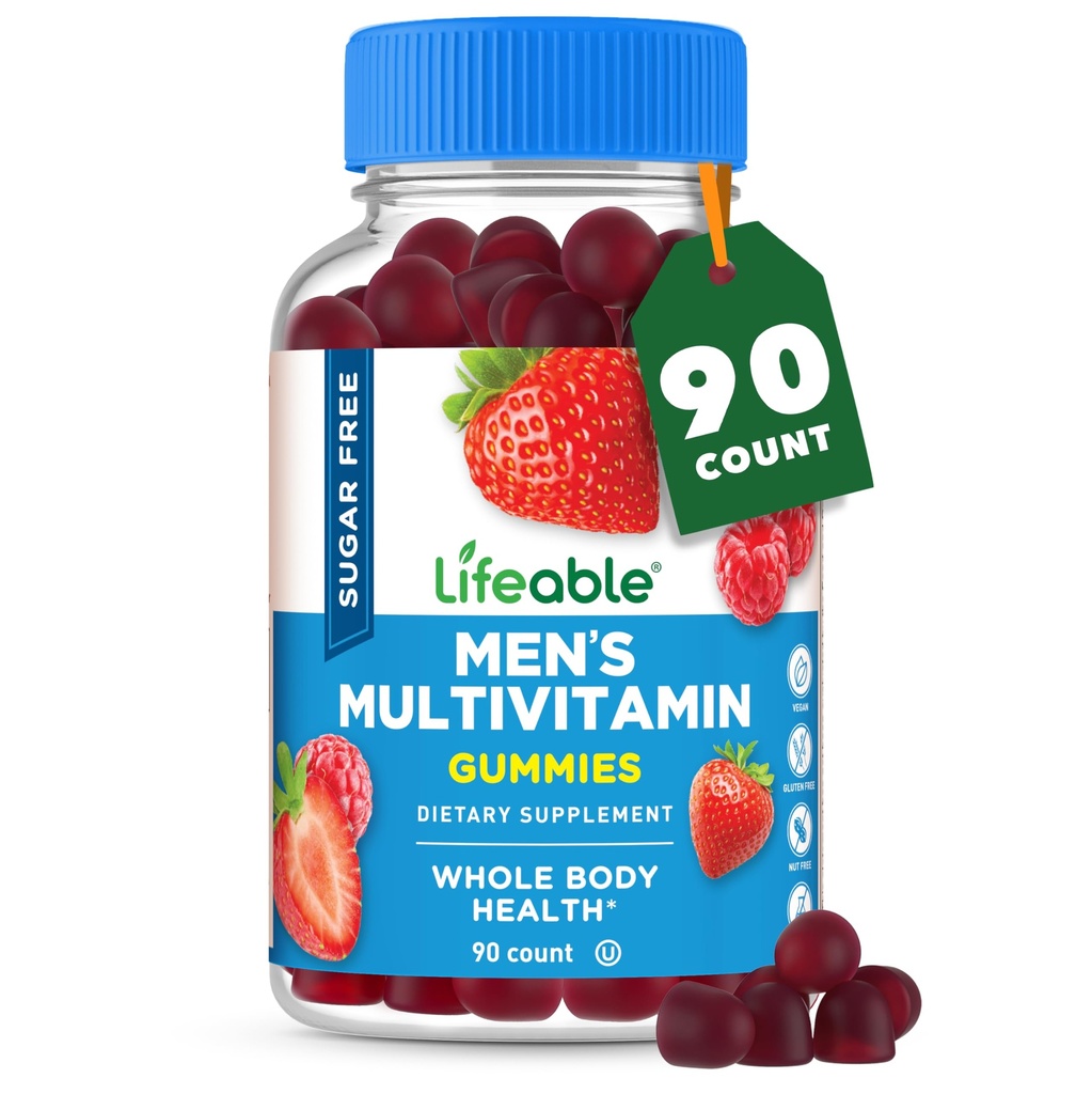 Żywotna multiwitytamina bez cukru dla mężczyzn Gummies Yellow 124; z żelazem i 18 Witaminy zasadnicze i minerały Yellow 124; Witaminy bezcukrowe Yellow 124; 90 Gummies