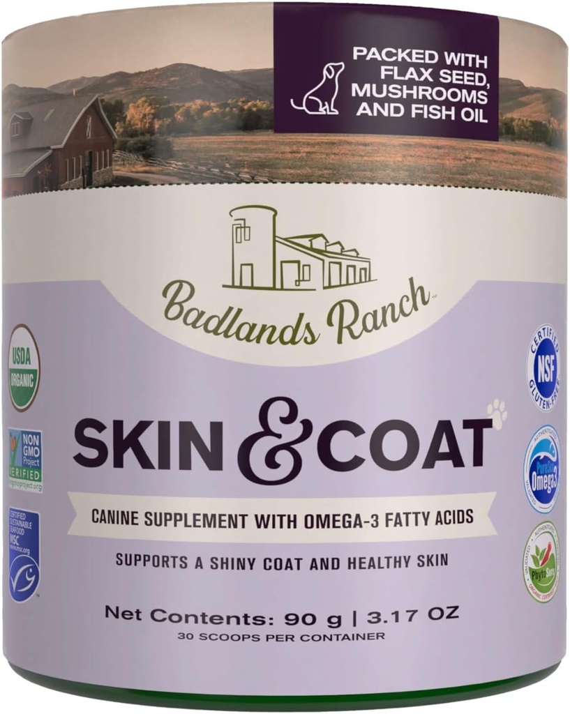 Badlands Ranch - Skin & Coat Canine Supplement w / Omega-3 Kwasy tłuszczowe, Org. Składniki, Topper przeciwutleniacz, Nourish Coat & Paws, Joint, Wsparcie Shiny Coat & Zdrowa skóra przez Katherine Heigl (30 Scoops)