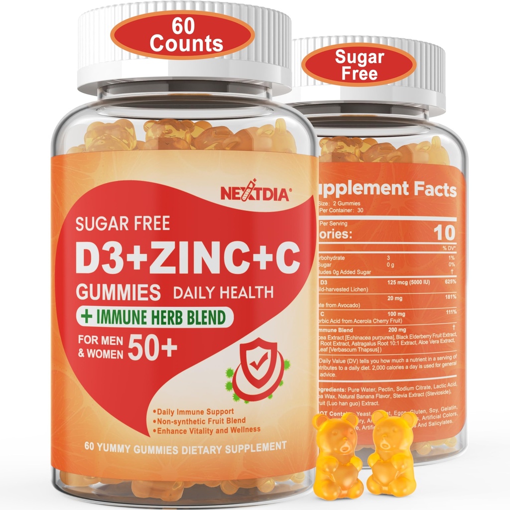 Bez cukru Witamina C + D3 + Gummie cynku dla dorosłych 50 +, 9 w 1 Suplement immunologiczny z D3 5000IU, Elderberry, Echinacea, Mullein Leaf dla Immunitet Boost, Power Antioksydant, Wegan (Opakowanie 1)