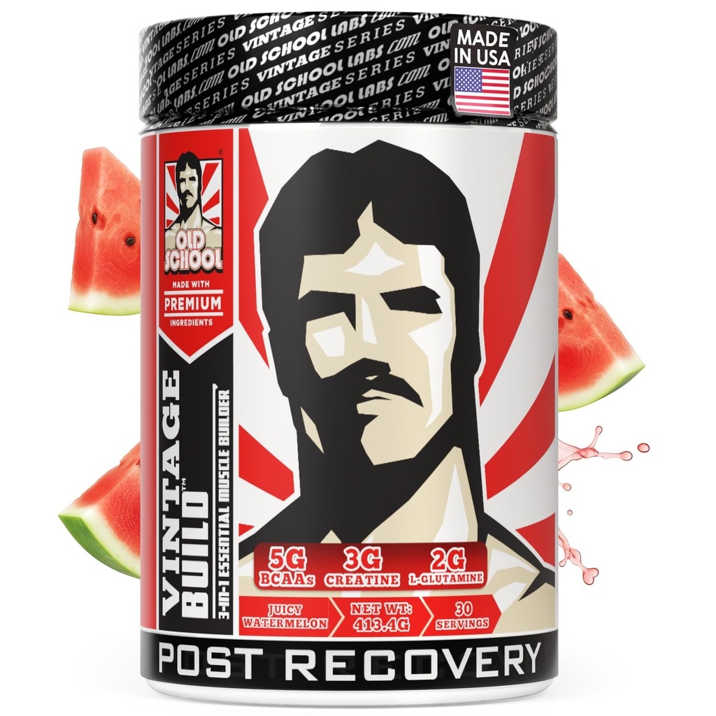 Old School Labs Vintage Build Post-Workout Recovery Powder Drink with BCAAs, Creatine & L-Glutamine to Support Muscle Recovery & Strength for Men & Women – Juicy Watermelon, 30 Servings