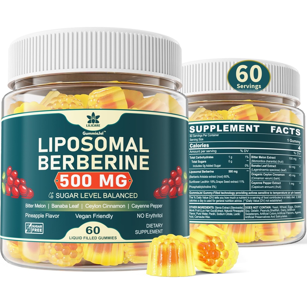 Berberine 500 mg suplement, Raz dziennie, Gumy liposomalne z Ceylon Cynamon, Gorzki Melon, Liść Banaba do Metabolizm Balanced, Aktywator AMPK, Wysoka Absorpcja, Cukier wolny, Wegan, 60 Cts