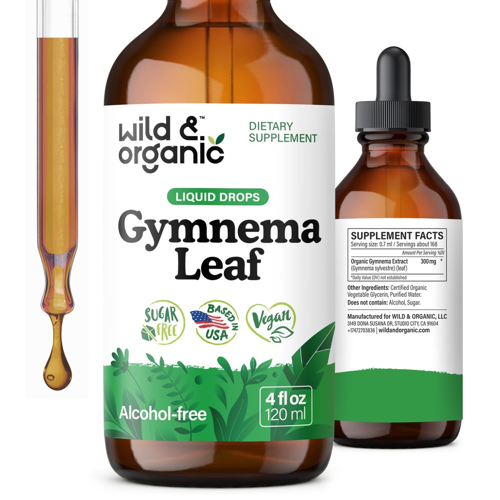 Wild & Organic Gymnema Sylvestre Extract Drops - Sugar-Free Gymnema Sylvestre Supplements - Gurmar Powder Based Tincture - Vegan, Alcohol- Free Leaf Liquid Drops - 4 fl oz