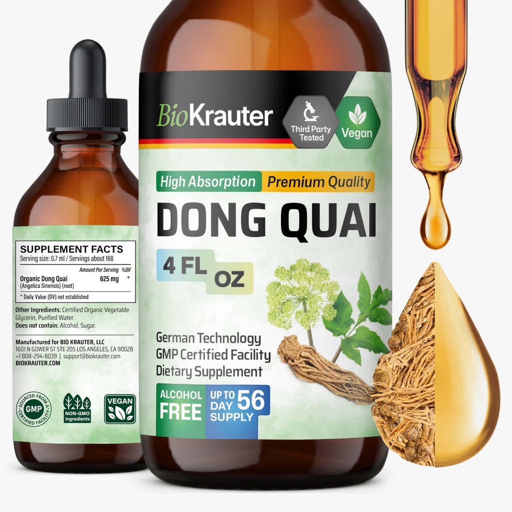 BIO KRAUTER ® Menopauza Suplementy dla kobiet * - Dong Quai Drops 4 Fl.Oz 56 Dni dostaw - Vegan Angelica Root Tincture for Menopauza Support - Alkohol & Cukier Free - Relaks & Wellness Kobiet