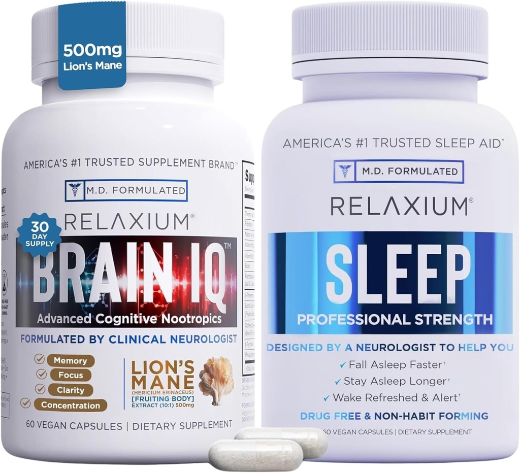 Relaxium Sleep Aid 60 kapsułki + BrainIQ Nootropowe suplementy mózgu 60 kapsułki (Family Pack Sleep & Brain Bundle)