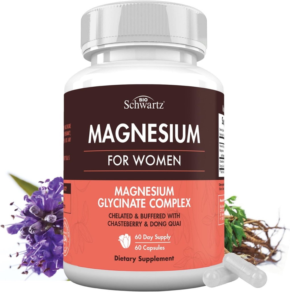 4- in-1 Magnezu Bisglicinate Suplement dla Kobiet - Magnezu Kompleks z Chasteberry, Dong Quai & Witamina B6 dla Ulgi Stresu, Lepszy Sen, Nerve, Kości i Mięśnie Wsparcie - 60 Kapsułki